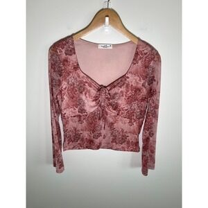 Y2K Babydoll Fairy Coquette Womens Top Pink XL Floral Bow Sheer Mesh